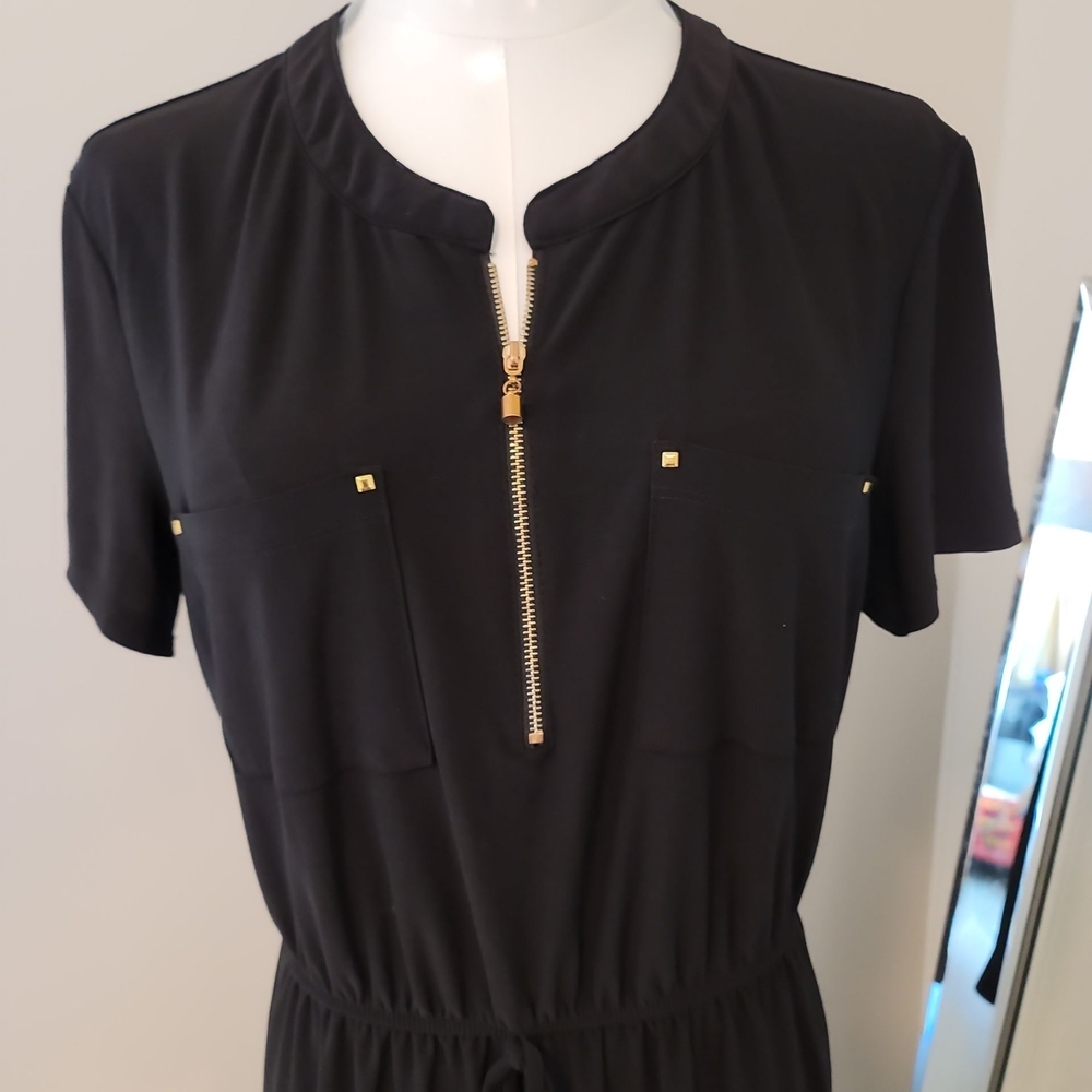 Black Short Sleeve Dress with Gold Zipper